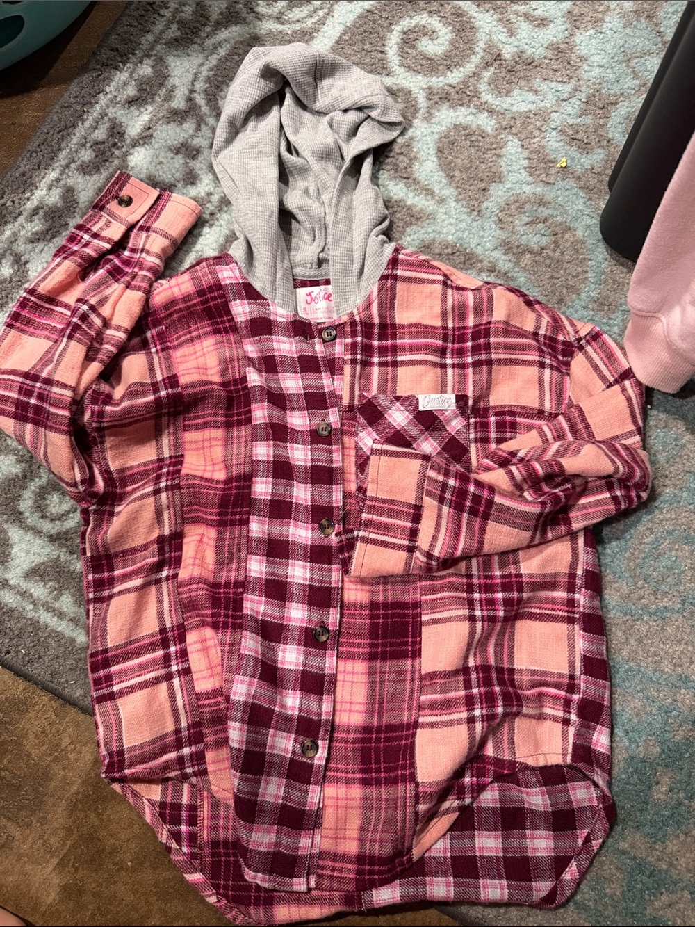 Justice Pink and Burgundy Plaid Hooded Button-Down Shirt